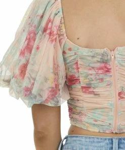 HYFVE Peach Floral Bubble Sleeve Ruched Crop Top Tops
