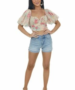 HYFVE Peach Floral Bubble Sleeve Ruched Crop Top Tops