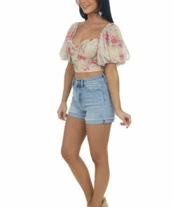 HYFVE Peach Floral Bubble Sleeve Ruched Crop Top Tops