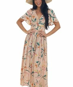 ANGIE Dresses Peach Floral Flutter Sleeve Front Knot Midi Dress