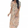 ANGIE Dresses Peach Floral Flutter Sleeve Front Knot Midi Dress