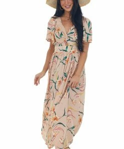 ANGIE Dresses Peach Floral Flutter Sleeve Front Knot Midi Dress