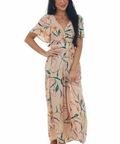 ANGIE Dresses Peach Floral Flutter Sleeve Front Knot Midi Dress