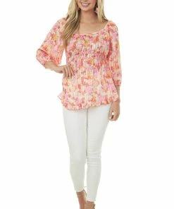 Umgee Peach Floral Print Half Bubble Sleeve Blouse