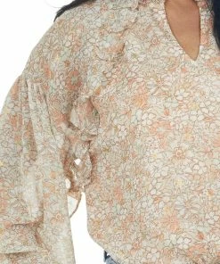 Entro Peach Floral Print Long Raglan Sleeve Blouse Tops