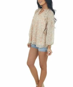 Entro Peach Floral Print Long Raglan Sleeve Blouse Tops