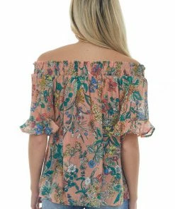 Umgee Peach Floral Print Off Shoulder Blouse