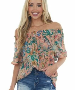 Umgee Peach Floral Print Off Shoulder Blouse