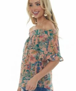 Umgee Peach Floral Print Off Shoulder Blouse