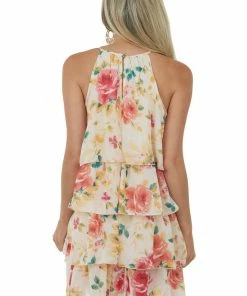 Haptics Peach Floral Print Ruffle Overlay Short Dress
