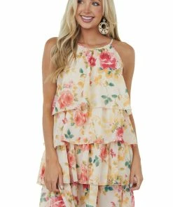 Haptics Peach Floral Print Ruffle Overlay Short Dress