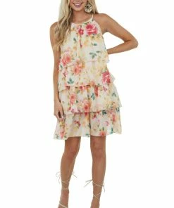 Haptics Peach Floral Print Ruffle Overlay Short Dress