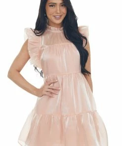 Entro Dresses Peach Glossy Short Dress With Flutter Sleeves