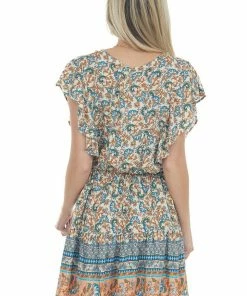 Umgee Peach Paisley Print Surplice Short Dress Dresses