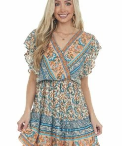 Umgee Peach Paisley Print Surplice Short Dress Dresses
