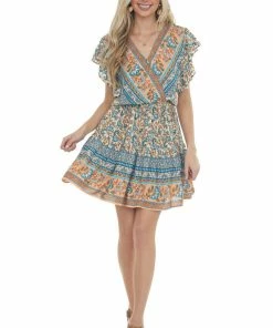 Umgee Peach Paisley Print Surplice Short Dress Dresses