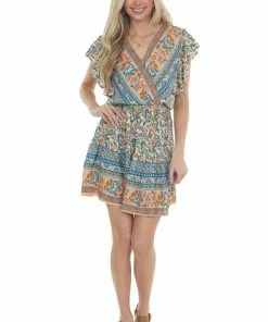 Umgee Peach Paisley Print Surplice Short Dress Dresses