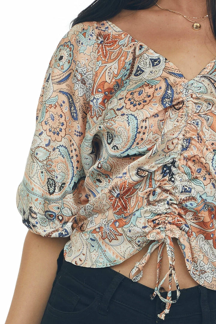 Peach Love Tops Peach Paisley Ruched Front Cropped Blouse 10 Peach Love Tops Peach Paisley Ruched Front Cropped Blouse