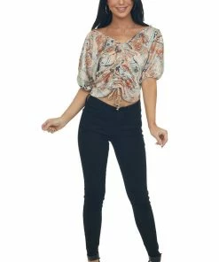 Peach Love Tops Peach Paisley Ruched Front Cropped Blouse 22 Peach Love Tops Peach Paisley Ruched Front Cropped Blouse