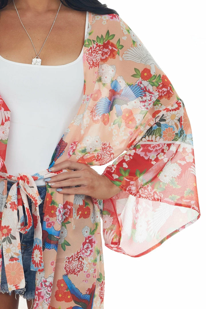 AND THE WHY Peach Printed Duster Length Lightweight Kimono 8 AND THE WHY Peach Printed Duster Length Lightweight Kimono