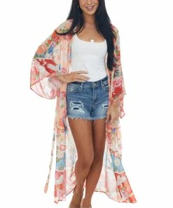 AND THE WHY Peach Printed Duster Length Lightweight Kimono