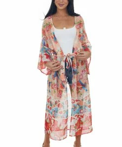 AND THE WHY Peach Printed Duster Length Lightweight Kimono 10 AND THE WHY Peach Printed Duster Length Lightweight Kimono