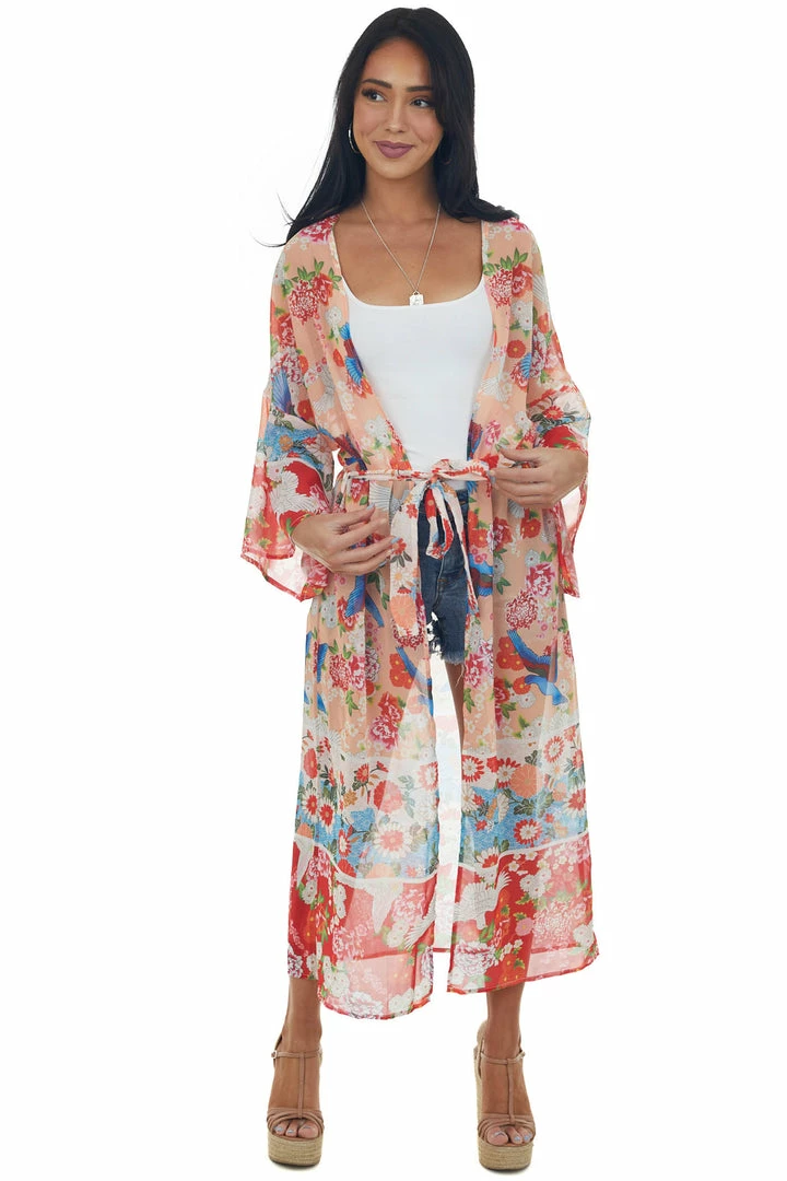 AND THE WHY Peach Printed Duster Length Lightweight Kimono 5 AND THE WHY Peach Printed Duster Length Lightweight Kimono
