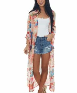 AND THE WHY Peach Printed Duster Length Lightweight Kimono