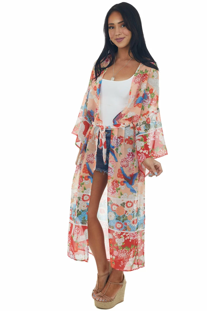 AND THE WHY Peach Printed Duster Length Lightweight Kimono 6 AND THE WHY Peach Printed Duster Length Lightweight Kimono