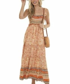 Davi & Dani Peach Printed Sleeveless Smocked Maxi Dress