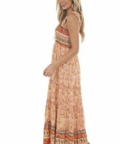 Davi & Dani Peach Printed Sleeveless Smocked Maxi Dress