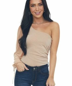 LE LIS Tops Peach Shimmery One Shoulder Ruched Bodysuit