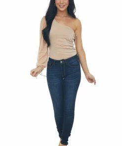 LE LIS Tops Peach Shimmery One Shoulder Ruched Bodysuit