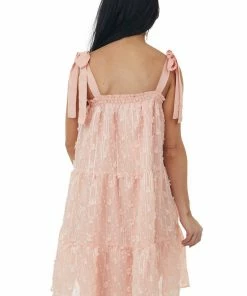 Umgee Peach Swiss Dot Sleeveless Tiered Mini Dress Dresses