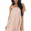 Umgee Peach Swiss Dot Sleeveless Tiered Mini Dress Dresses