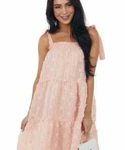 Umgee Peach Swiss Dot Sleeveless Tiered Mini Dress Dresses