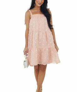 Umgee Peach Swiss Dot Sleeveless Tiered Mini Dress Dresses