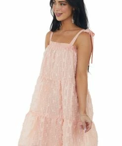 Umgee Peach Swiss Dot Sleeveless Tiered Mini Dress Dresses