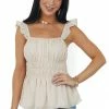 Davi & Dani Tops Vanilla Swiss Dot Smocked Sleeveless Blouse