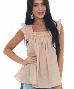 Ces Femme Tops Peach Textured Smocked Yoke Light Blouse