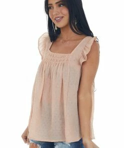 Ces Femme Tops Peach Textured Smocked Yoke Light Blouse 11 Ces Femme Tops Peach Textured Smocked Yoke Light Blouse