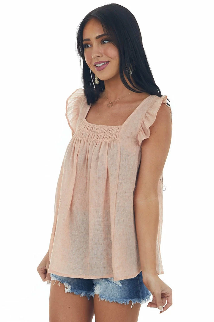 Ces Femme Tops Peach Textured Smocked Yoke Light Blouse 6 Ces Femme Tops Peach Textured Smocked Yoke Light Blouse