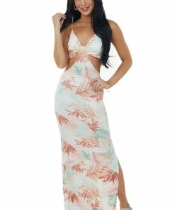 LIGHT SO SHINE Peach Tropical Print Waist Cut Out Maxi Dress Dresses
