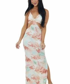 LIGHT SO SHINE Peach Tropical Print Waist Cut Out Maxi Dress Dresses