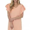 FSL APPAREL Peach V Neck Short Ruffle Sleeve Woven Dress