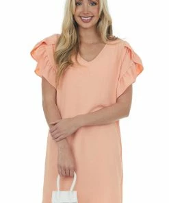 FSL APPAREL Peach V Neck Short Ruffle Sleeve Woven Dress