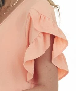 FSL APPAREL Peach V Neck Short Ruffle Sleeve Woven Dress