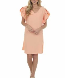 FSL APPAREL Peach V Neck Short Ruffle Sleeve Woven Dress