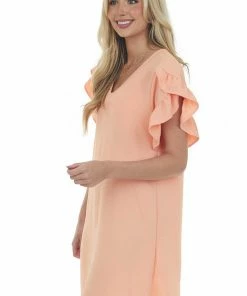 FSL APPAREL Peach V Neck Short Ruffle Sleeve Woven Dress