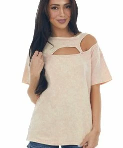 BiBi Peach Washed Double Chest Cut Out Knit Top